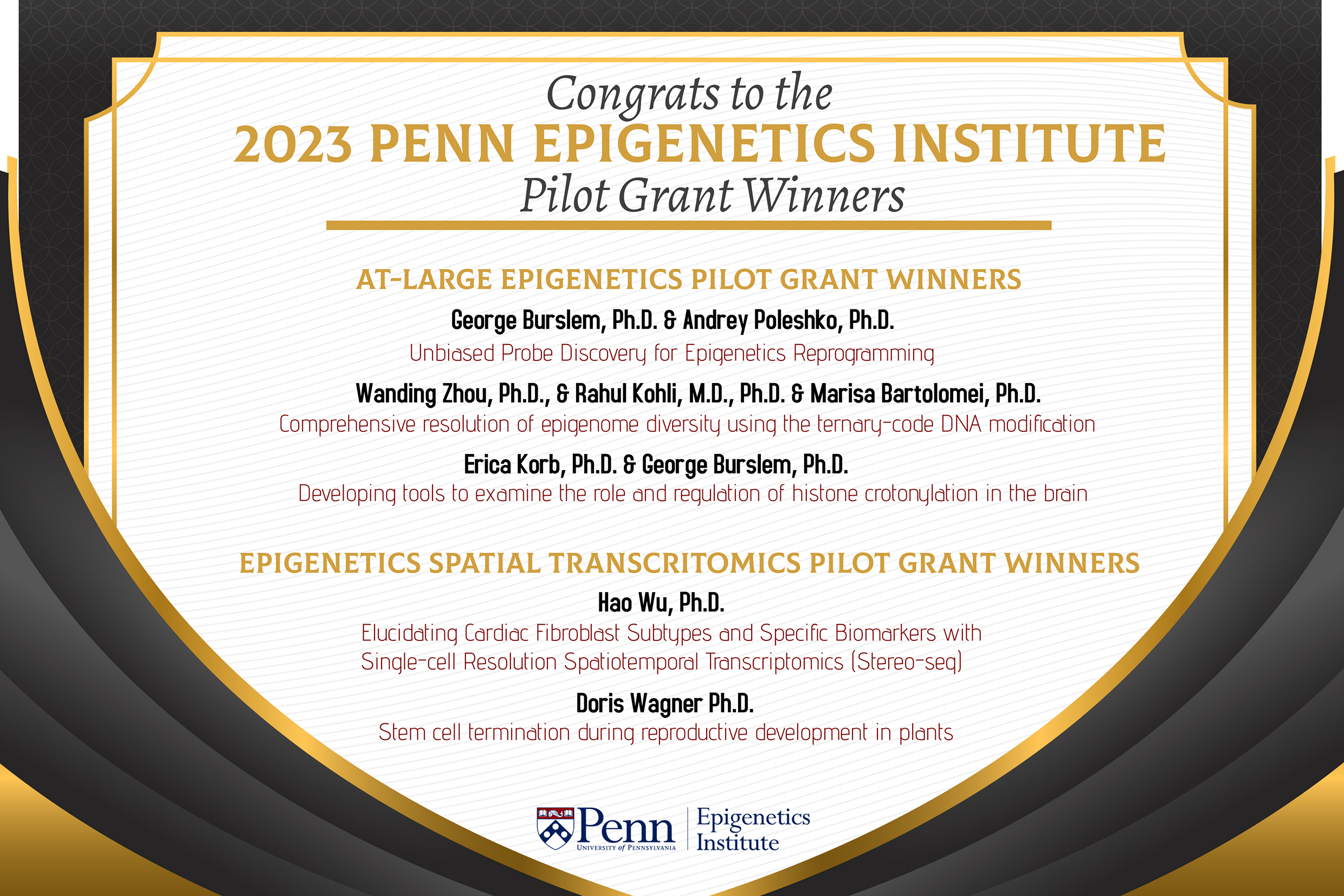 We are pleased to announce the recipients of the 2023 Penn Epigenetics Institute Pilot Grants. Congratulations to all!
